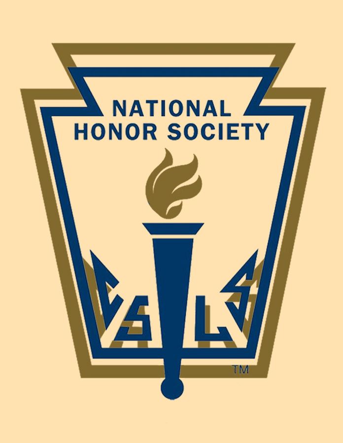 the national honor society logo is shown in blue and gold, with an arrow pointing up to