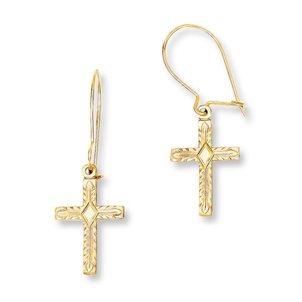 Crosses of 14K yellow gold are the focal point of these sentimental earrings for her. The dangle earrings are secured with euro-wire backs. Yellow Gold 14k Gold-filled Earrings, Pierced Yellow Gold 14k Gold-filled Earrings, Classic Yellow Gold Lever Back Earrings, Formal 14k Gold Lever Back Earrings, 14k Gold Lever Back Earrings For Formal Occasions, 14k Gold Lever Back Formal Earrings, Classic 14k Gold Dangle Earrings, 14k Gold Drop Earrings With Lever Back Ear Wires, Yellow Gold Dangle Earrings With Lever Back