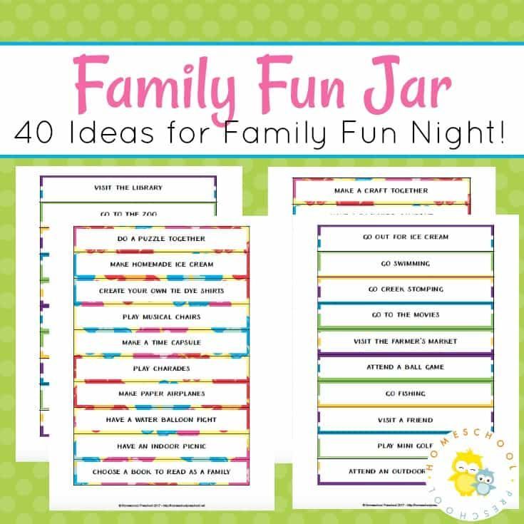 printable family fun jar for kids with the text, 40 ideas for family fun night