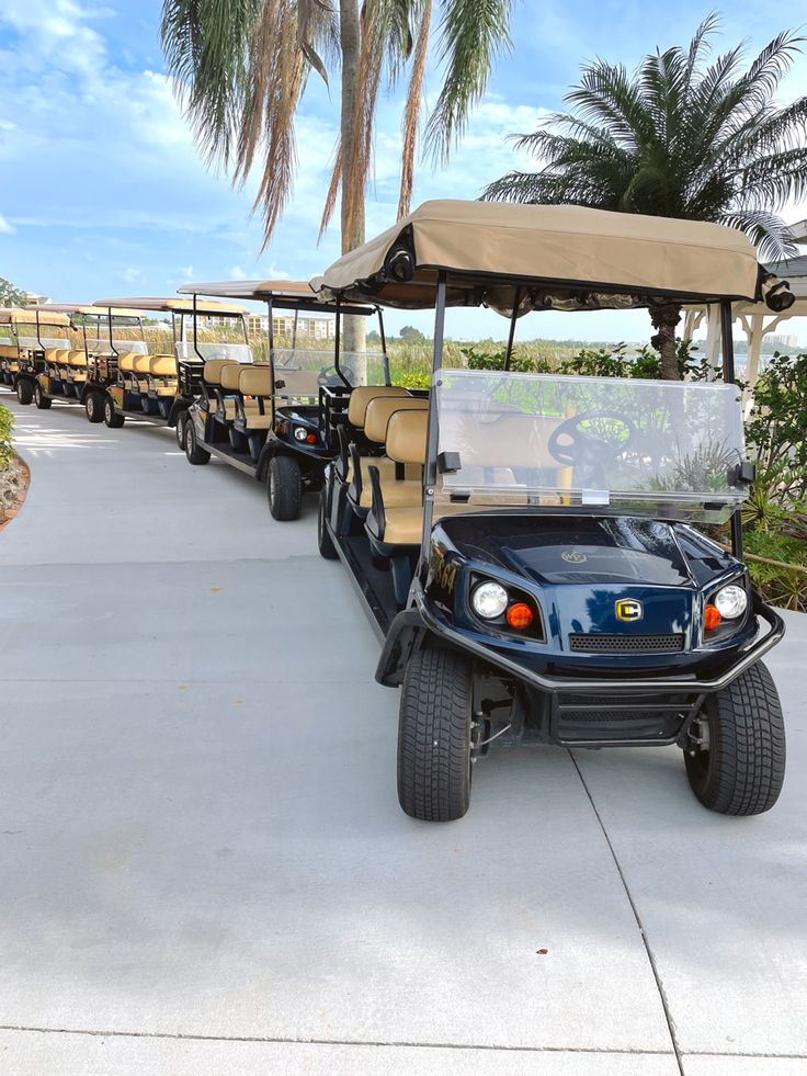 several golf carts lined up on the sidewalk