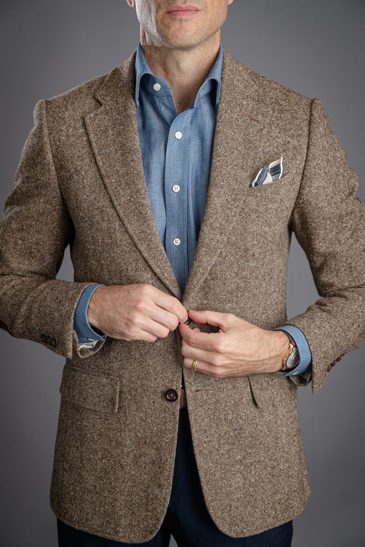 Donegal Tweed's origins are from County Donegal in Ireland and were traditionally handwoven before the dawn of industrialized looms in the 1950's. This version offered by Ariston is milled in Italy, utilizing a worsted yarn to create a lighter, softer, and more updated version for the urban man.

Dry-clean only. Mens Brown Tweed Blazer Outfit, Blue Sports Coat Outfit Men, Sport Coat Outfit Mens, Brown Blazer Men, Chinos Outfit, Tweed Blazer Men, Mens Dinner Jacket, Sport Coat Outfit, He Spoke Style