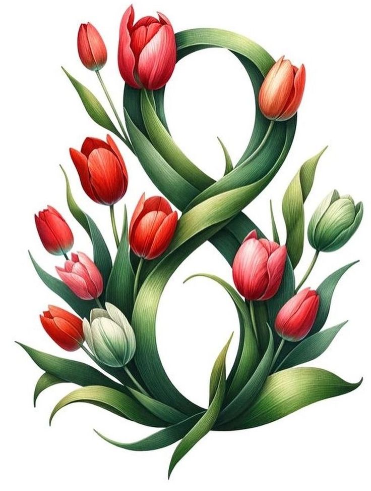 the letter b is made up of red and white tulips with green leaves