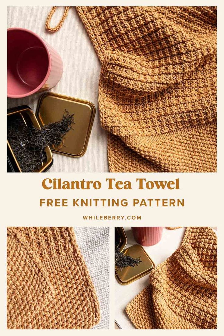 the knitting pattern for cllantro tea towel is shown in three different pictures with text overlay