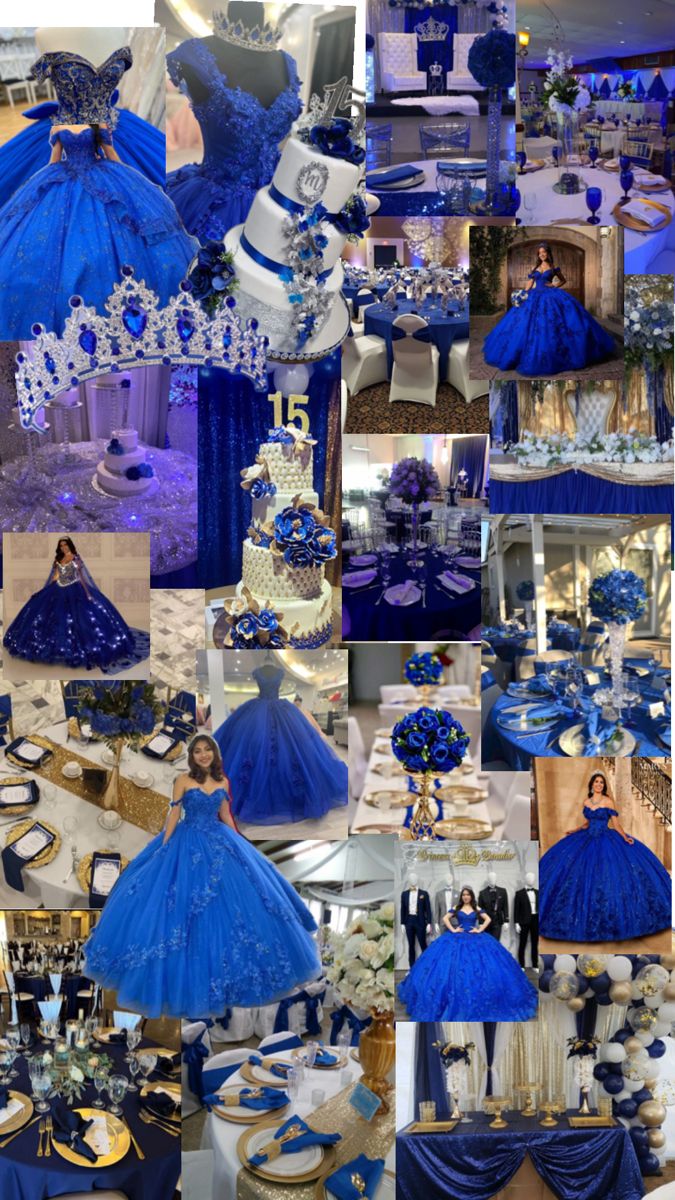 a collage of blue and white wedding gowns, cake, and decorations for a royal themed party