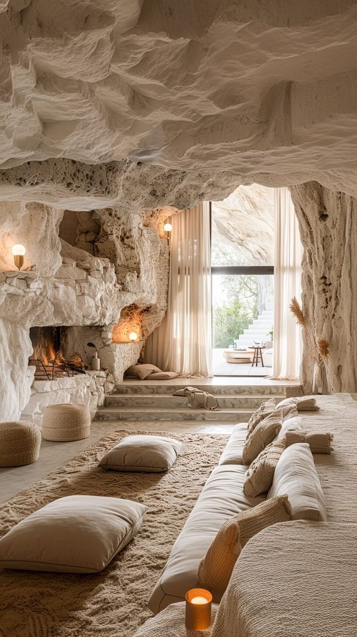 a bed room with lots of pillows on the floor and a fire place in the corner