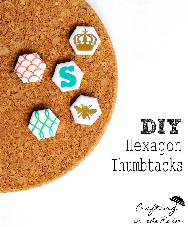 three hexagon magnets on a cork board with the words diy next to them