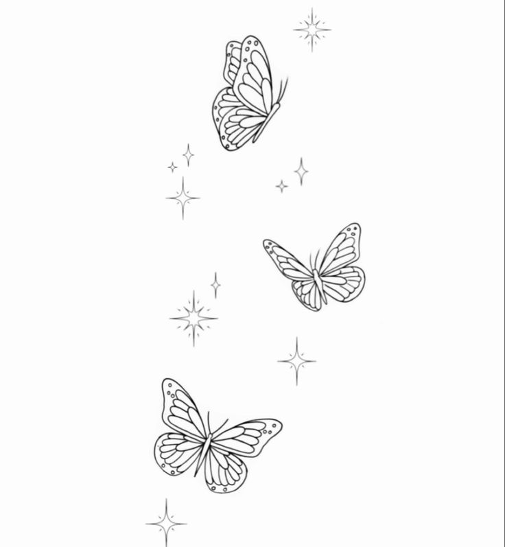 three butterflies flying through the air with stars in the sky behind them on a white background