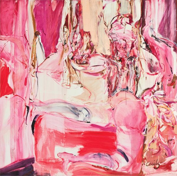 an abstract painting with pink and red colors