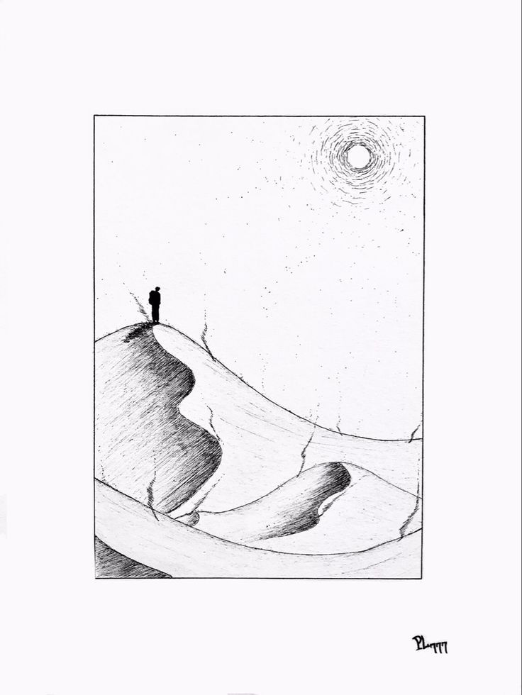 a drawing of a person standing on top of a hill