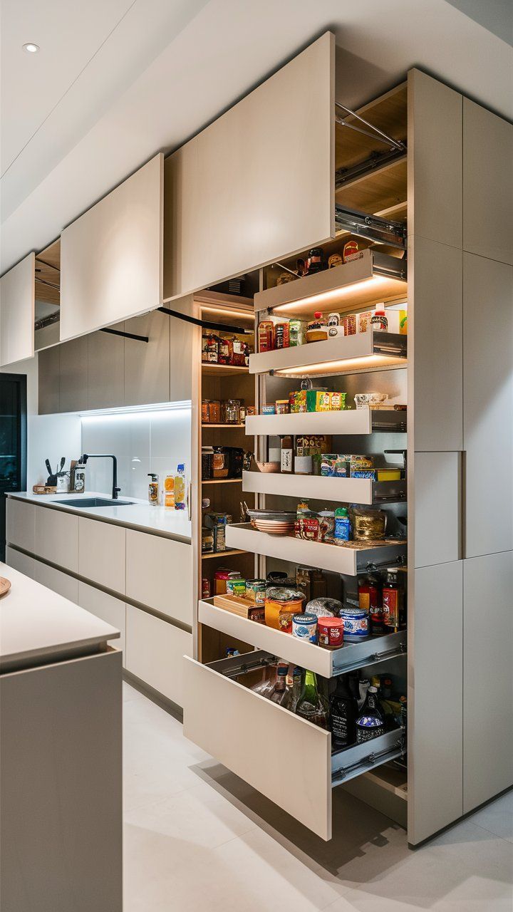 an open pantry in the middle of a kitchen