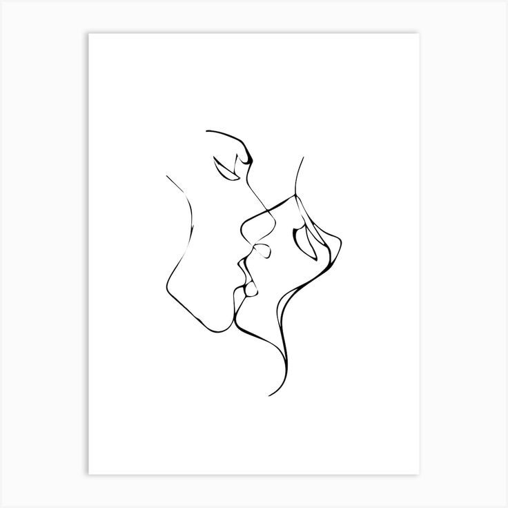 a black and white drawing of two people's faces, one is kissing the other