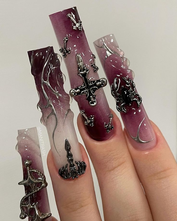 Trash Nails, Multicolored Nails, Punk Nails, Red Acrylic Nails, Edgy Nails, Goth Nails, Glow Nails, Pretty Gel Nails, Long Acrylic