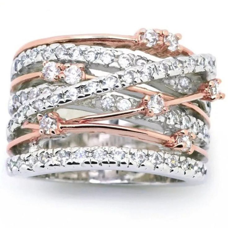 Incredibly Gorgeous Criss Cross Diamond Ring. This Stunning Ring Is A Beautiful Combination Of Luxury Meets Vintage Style. Georgously Crafted With A Criss Cross Design, Encased In 925 Overlay With Rose Gold That Crosses Threw This Amazing Ring, With Beautiful Simulated Shimmering Round 2mm, Diamond Threw Out, That Delivers That Sparkle That We All Love. Thick Solid Band. A Stunning Ring That Looks Absolutely Amazing On. 100% New&A Boutique Criss Cross Ring, Sparkle Jewelry, Jewelry Wedding Rings, Rhinestone Wedding, Cz Diamond, Wedding Rings For Women, Silver Roses, Silver Rose Gold, Bling Bling