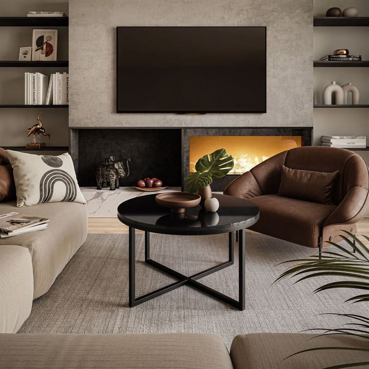 a living room filled with furniture and a flat screen tv mounted on the wall above a fireplace