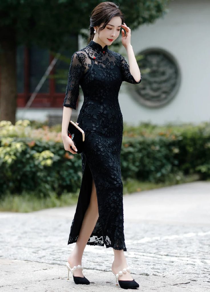 Black Lace Cheongsam | Qipao Dress Modern Qipao Wedding, Lace Cheongsam, Wedding Qipao, Qipao Wedding, Red Qipao, Modern Qipao, Glamorous Outfits, Qipao Dress, Cheongsam Dress