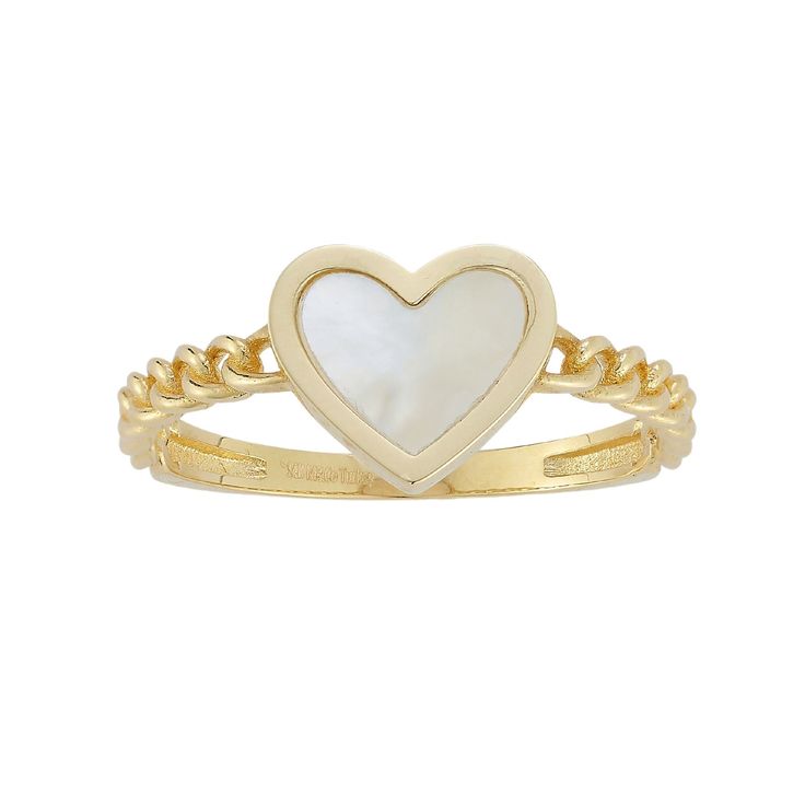 Accessorize in style with this LUMINOR GOLD 14k Gold Mother of Pearl Heart & Curb Chain Ring. Click on this JEWELRY & WATCHES GUIDE to learn about fit, styles, materials and more! Accessorize in style with this LUMINOR GOLD 14k Gold Mother of Pearl Heart & Curb Chain Ring. Click on this JEWELRY & WATCHES GUIDE to learn about fit, styles, materials and more! FEATURES Width: 2 mm Shank style: stackable Nickel free Metal: 14k gold Plating: 14k gold Finish: polished Packaging: velvety pouch Imported Gold Plated Chain Ring For Anniversary, 14k Gold Hallmarked Heart Ring, Hallmarked 14k Gold Heart Ring, White 14k Gold Heart-shaped Ring, 14k Gold Heart-shaped White Rings, White 14k Gold Heart Shaped Ring, Valentine's Day Yellow Gold Plated Rings, White 14k Gold Heart Ring, Pearl Heart