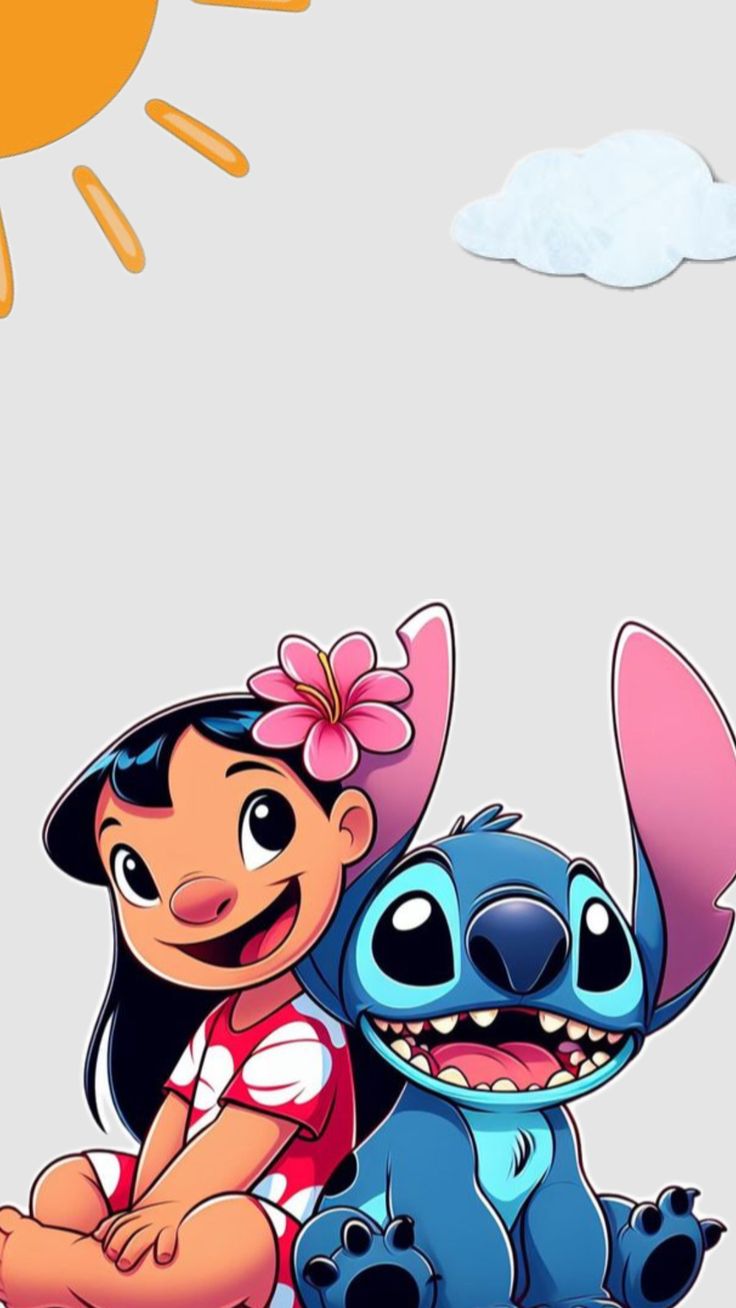 the cartoon character lil and stitch is sitting next to each other with sun in background