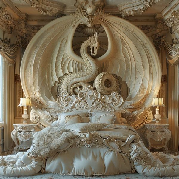 an elaborately decorated bed in a luxurious bedroom