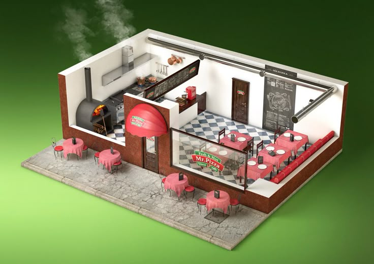 a model of a restaurant with tables, chairs and an oven in the center on a green background