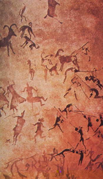 an artistic painting with people and animals in the sky, painted on a cave wall