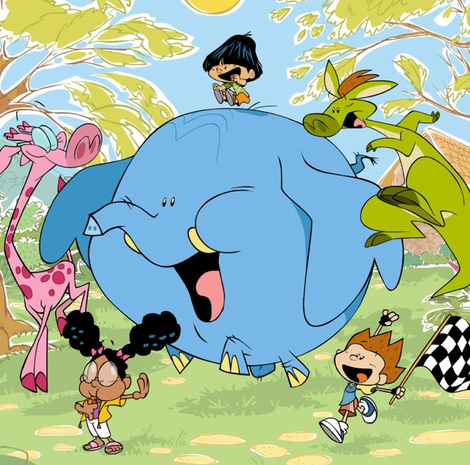 cartoon characters standing around an elephant in the grass