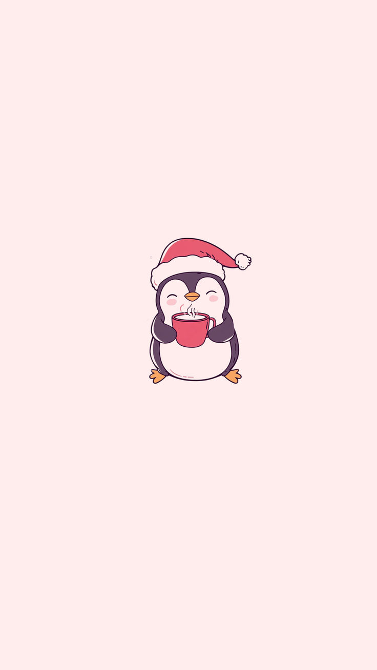 a penguin wearing a santa hat and holding a cup