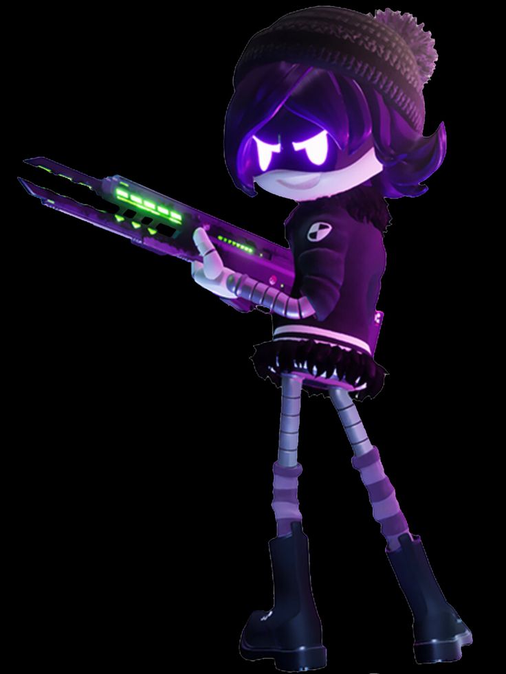 a cartoon character holding a large object with purple light on it's face and arms