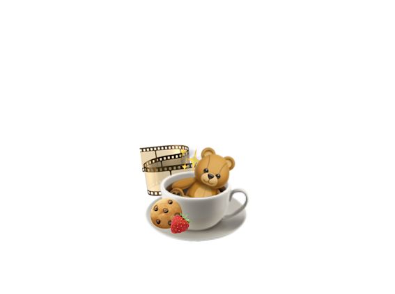 a teddy bear sitting in a cup filled with cookies and strawberries on top of a white plate