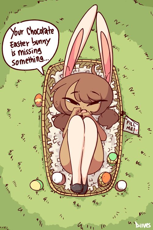 a cartoon bunny sleeping in a basket with eggs around her and an egg saying your chocolate easter bunny is missing something