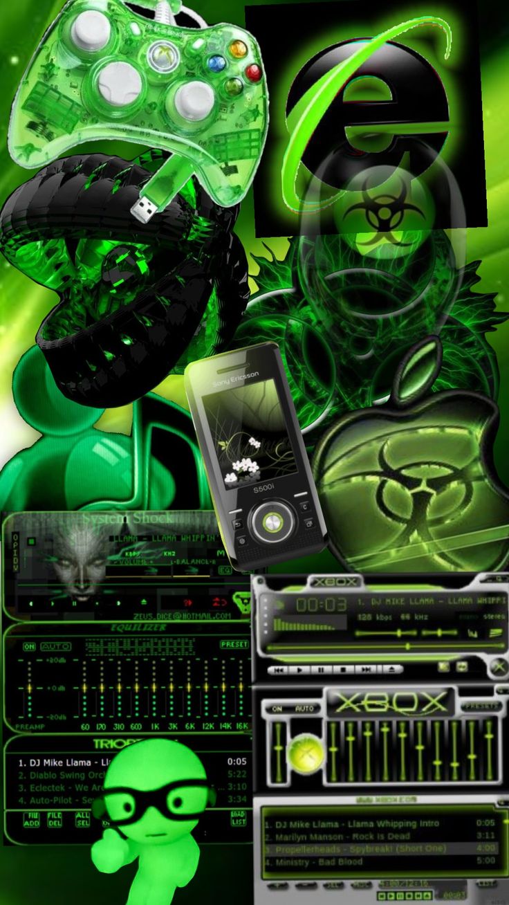 an image of a computer screen with green and black items on it's side