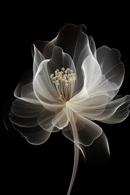 a white and black flower on a black background with the petals still attached to it