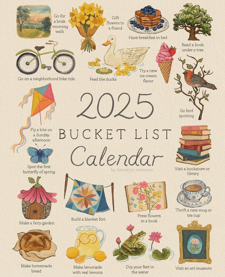 a calendar with pictures and words on it, including the names of things to see