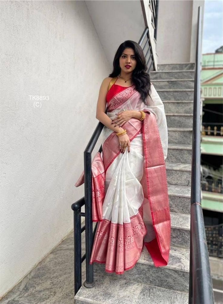 Stylish white and pink saree for women, banarasi soft lichi silk sari with rich pallu, Indian ethnic wear for gift,wedding sari for function Product Details :  1) Saree Details :  Saree Color : White and Pink  Saree Fabric : Soft Lichi Silk Saree Work : Jacquard Weave Work Saree Length : 5.50 Meter 2) Blouse Details : Blouse Color : Matching Blouse Fabric : Soft Lichi Silk Blouse Work : Jacquard Weave work Blouse Length : 0.8 Meter Blouse wear by model is just for modeling purpose only actual bl White Saree Pink Blouse, Lichi Silk Saree, Saree Kanchipuram, Wedding Sari, South Indian Sarees, Ready To Wear Saree, Wedding Saree Indian, Party Kleidung, Art Silk Sarees