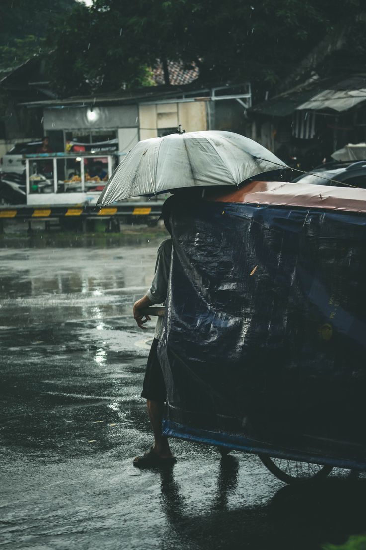 a person walking in the rain with an umbrella over their head, carrying a cart