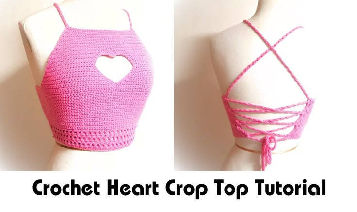 crochet heart crop top pattern on mannequins with text overlay