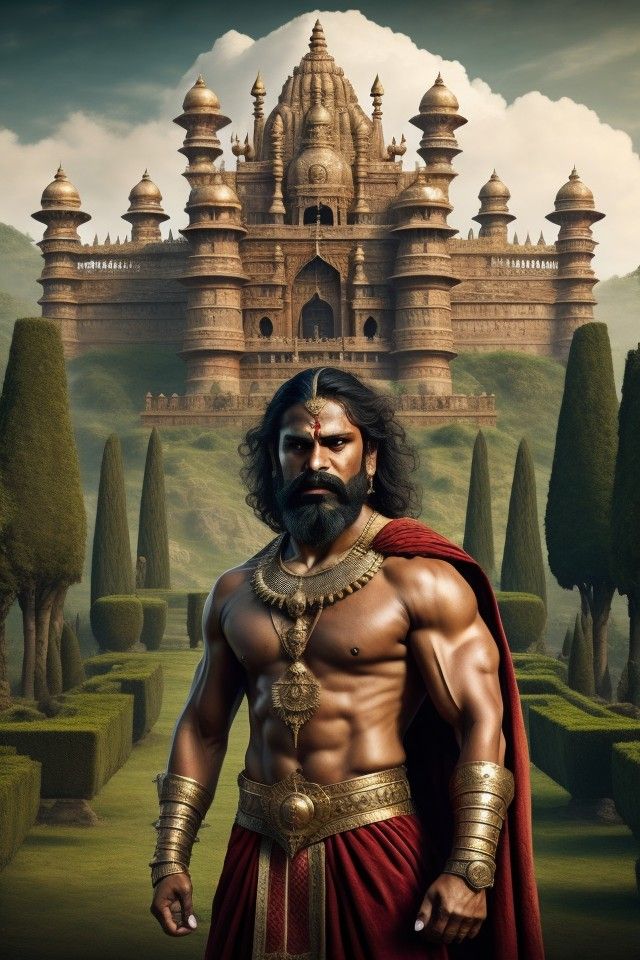 a man with a beard and no shirt on standing in front of a castle like structure