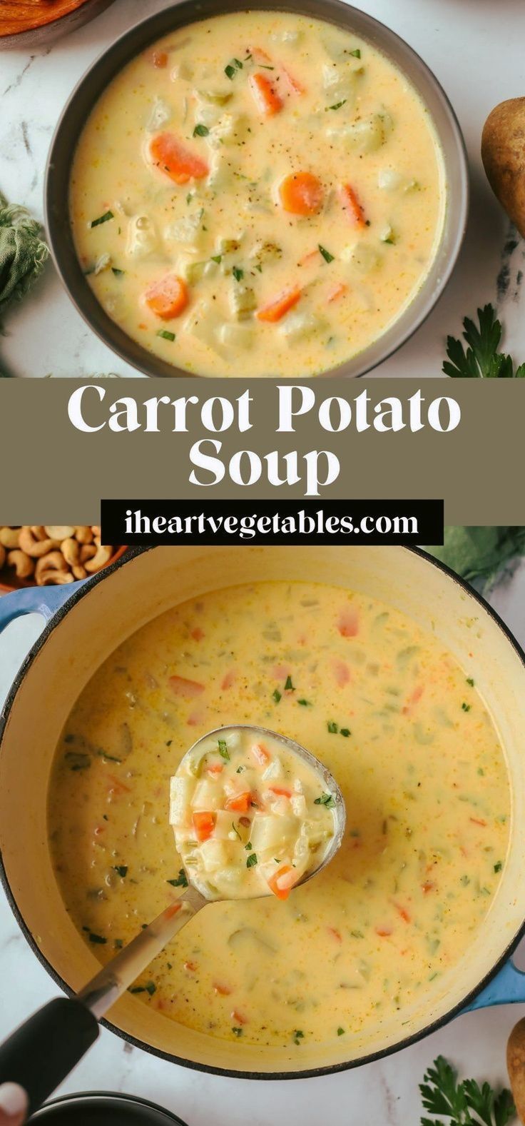 carrot potato soup in a pot with a ladle full of it and the title overlay reads carrot potato soup