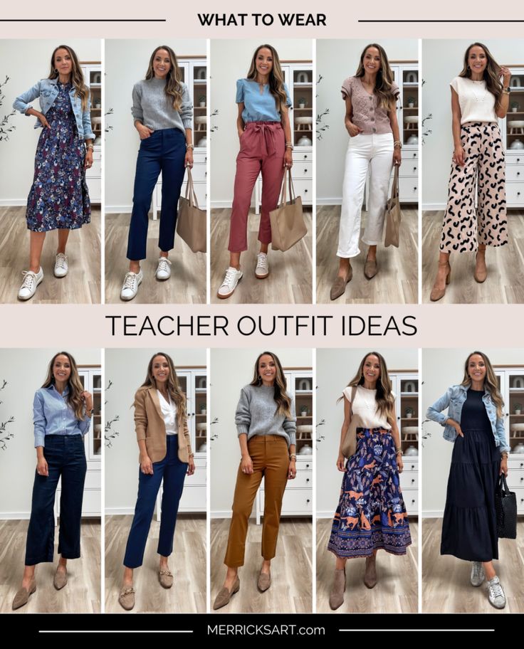 Mix and Match Teacher Outfit Ideas - Merrick's Art Teacher Appropriate Outfits, School Teacher Outfit, Casual Teacher Outfits, Teacher Outfit Ideas, Art Teacher Outfits, Teacher Attire, Teacher Outfits Elementary, Cute Teacher Outfits, Teacher Dresses