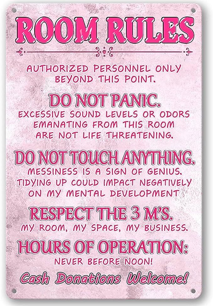 a pink sign that says room rules