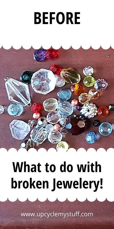 a pile of jewelry sitting on top of a wooden table next to a sign that says, what to do with broken jewelry