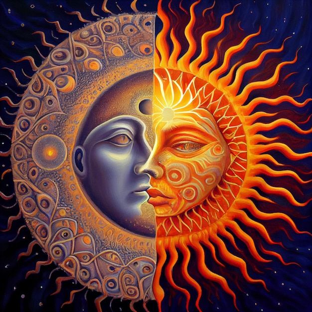 the sun and moon are depicted in this painting