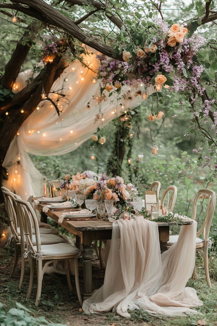 an outdoor dining table set up with flowers and greenery on the top, surrounded by hanging lights