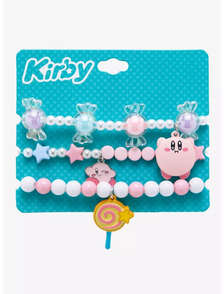 Kirby Candy Beaded Bracelet Set Playful White Plastic Jewelry, Playful Plastic Jewelry With Letter Beads, Sweet Pink Plastic Jewelry, Trendy Plastic Jewelry For Birthdays, Playful Plastic Jewelry For Birthday, Kirby Bracelet, Kirby Merchandise, Kirby Items, Kirby Stuff