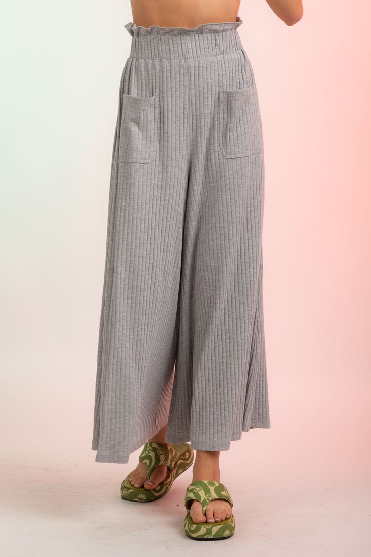 -High Waisted Rib Wide Leg Pants with Pockets-Frilled Elastic Waistband-Wide Leg Palazzo Cut-Front Pockets-Capri-Length-High-Waist95% Polyester 5% Spandex(Model height: 5'9", wearing a Small) Pants With Pockets, Model Height, No Frills, Leg Pants, Wide Leg Pants, New Product, Heather Grey, Camel, Wide Leg