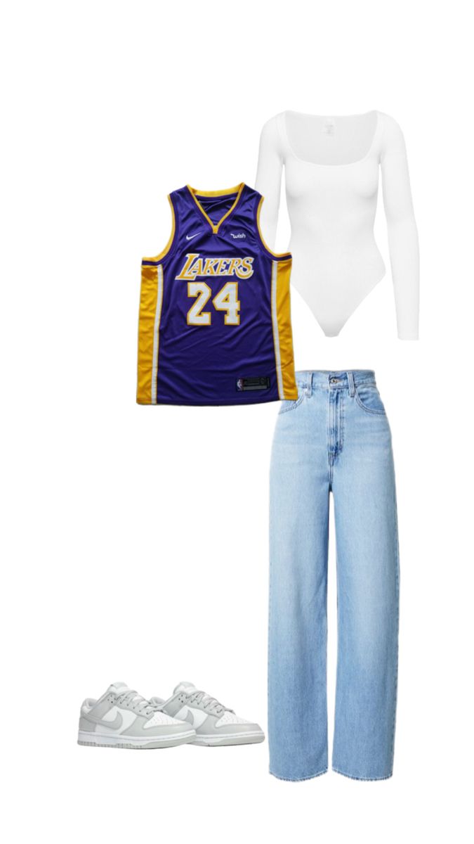 Bring a playful twist to your everyday look with this trendy outfit! Start with classic blue jeans and a fitted white long-sleeve bodysuit for a sleek base. Layer on a bold Lakers basketball jersey for that sporty edge, and finish with stylish grey and white Nike Dunks for ultimate comfort and flair. Perfect for game days or casual outings with friends! 💜💛✨ #SportyChic #CasualStyle #OOTD Outfits With Blue Nike Dunks, Laker Jersey Outfit Woman, Basketball Manager Outfits, Women’s Basketball Jersey Outfit, Basketball Wife Aesthetic Outfit, Basketball Jersey Outfit Women Winter, Lakers Jersey Outfit Woman, Basketball Game Outfit Women Jersey, How To Style A Basketball Jersey Women