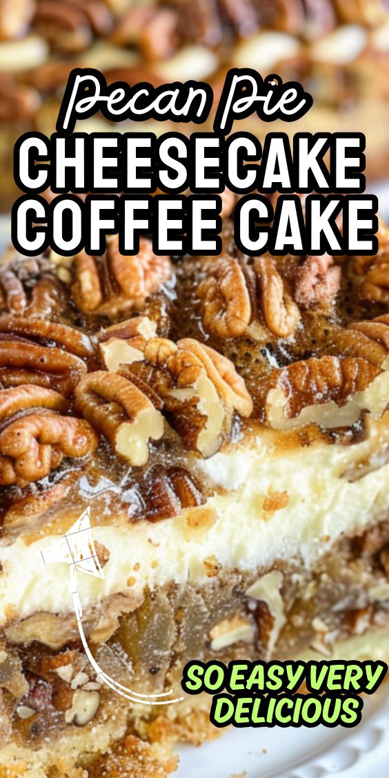 a piece of pecan pie cheesecake coffee cake on a plate with text overlay