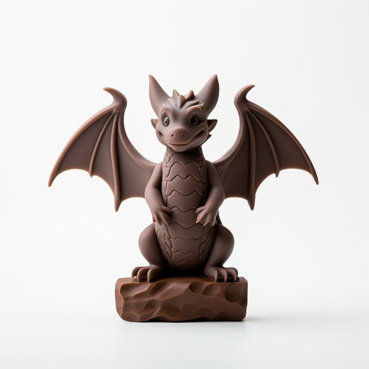 a figurine of a dragon sitting on top of a piece of wood with its wings spread