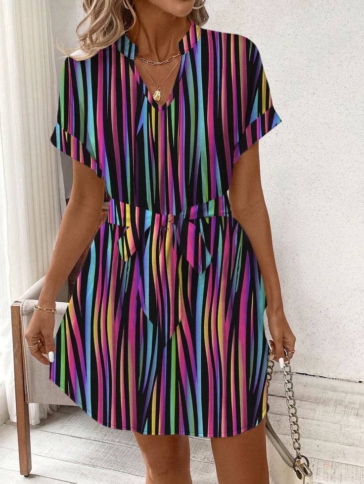 Multicolor Casual Collar Short Sleeve Woven Fabric Striped A Line Embellished Slight Stretch  Women Clothing Patriotic Fashion, Evening Gowns Elegant, Classy Chic, Short Sleeve Dress, Dress P, Printed Shorts, Dress Collection, Perfect Dress, Women Clothing