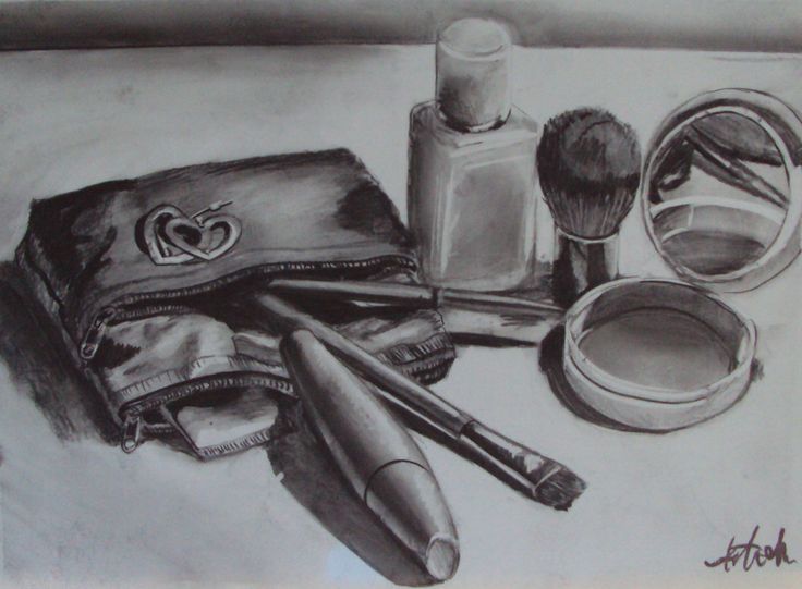 a pencil drawing of makeup and cosmetics items