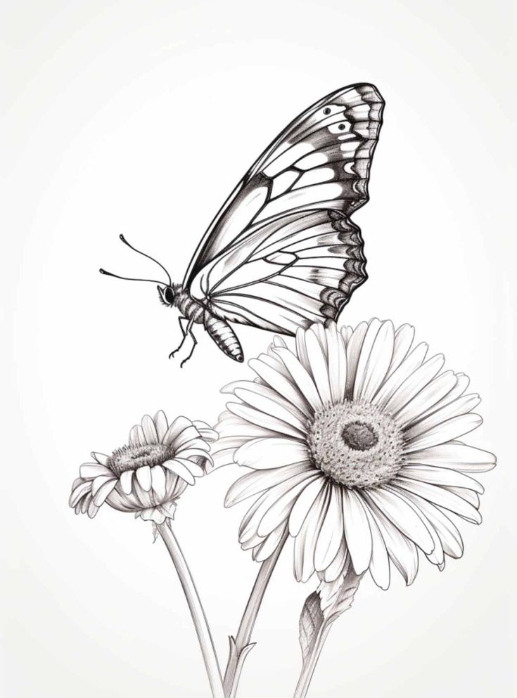 a black and white drawing of a butterfly sitting on a flower with its wings open